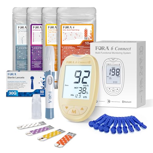 FORA 6 Connect | 4-in-1 Blutzucker-, Keton-, Cholesterin-, Harnsäure-Messgerät | Für die Selbstanwendung zu Hause | Bluetooth & App | Inkl. Teststreifen & Zubehör, Gelb von FORA