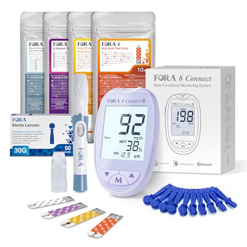 FORA 6 Connect | 4-in-1 Blutzucker-, Keton-, Cholesterin-, Harnsäure-Messgerät | Für die Selbstanwendung zu Hause | Bluetooth & App | Inkl. Teststreifen & Zubehör, Lavendel Lila von FORA
