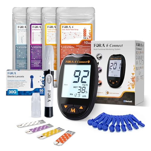 FORA 6 Connect | 4-in-1 Blutzucker-, Keton-, Cholesterin-, Harnsäure-Messgerät | Für die Selbstanwendung zu Hause | Bluetooth & App | Inkl. Teststreifen & Zubehör, Schwarz von FORA
