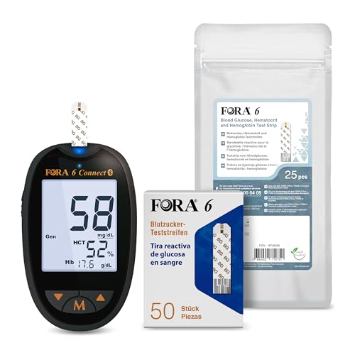 FORA 6 Connect Blutzuckermessgerät Set (mg/dl) – inkl. 50 Stück Blutzucker-Teststreifen & 25 Stück 3-in-1 Teststreifen (Glukose, Hämatokrit, Hämoglobin, einzeln verpackt) von FORA