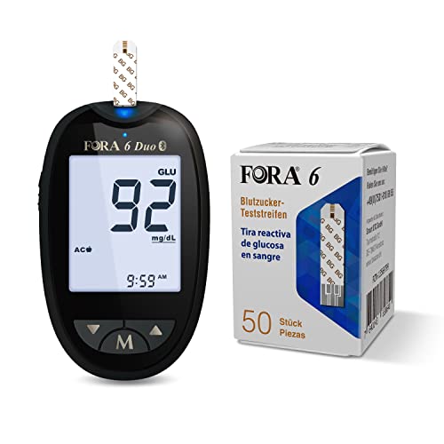 FORA 6 DUO 2-in-1 Blutzuckermessgerät Set mit 60 Teststreifen | Für Typ-1- & Typ-2-Diabetes geeignet | Mit Bluetooth & App-Verbindung von FORA