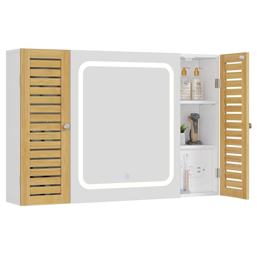 FORABAMB Badezimmer Spiegelschrank mit LED-Beleuchtung & Steckdose, Badezimmerschrank mit 2 Bambustür, HD-Spiegel, Verstellbarer Ablage, Berührung Sensorschalter, Spiegelschrank Bad, 90×17×60cm FORABAMB Badezimmer Spiegelschrank mit LED-Beleuchtung & Steckdose, Badezimmerschrank mit 2 Bambustür, HD-Spiegel, Verstellbarer Ablage, Berührung Sensorschalter, Spiegelschrank Bad, 90×17×60cm von FORABAMB