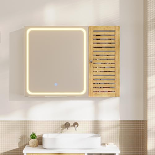 FORABAMB Badezimmerschrank mit Beleuchtung, 80×60×16cm, Badezimmer spiegelschrank mit 6 Ablagefächern, 4 verstellbare Ablagen, Spiegelschrank Bad mit Bambustür, Berührung Sensorschalter, Modern,Weiß von FORABAMB
