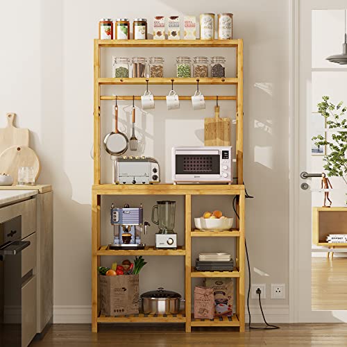 FORABAMB Bakers Rack with Power Outlets, 6-Tier Microwave Stand, Kitchen Utility Storage Shelf with 10 S-Shaped Hooks, Coffee Bar Table Station, Standing Kitchen Rack, 31.5 x 15.7 x 65 Inches, Bamboo von FORABAMB
