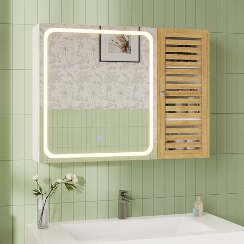 FORABAMB Spiegelschrank Bad mit Beleuchtung, Badezimmerschrank mit spiegel, Badezimmer spiegelschrank mit 6 Ablagefächern, 4 verstellbare Ablagen, hängeschrank Medizinschrank mit Bambustür, 80×60×16cm von FORABAMB