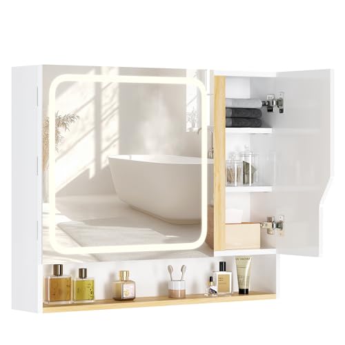 FORABAMB Spiegelschrank Bad mit LED Beleuchtung 80 cm Breit, Badezimmer Spiegelschrank mit HD Spiegel & Verstellbarem Regal, Badezimmerschrank, Badschrank, Berührung Sensorschalter, 80x16x65 cm, Weiß von FORABAMB