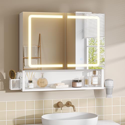 FORABAMB Spiegelschrank Bad mit LED-Beleuchtung & Steckdose, Doppeltür Badezimmerschrank mit verstellbarer Ablage, Badezimmer Spiegelschrank mit HD-Spiegel, 3 Farbtemperatur dimmbare, 60×16×60 cm,Weiß von FORABAMB