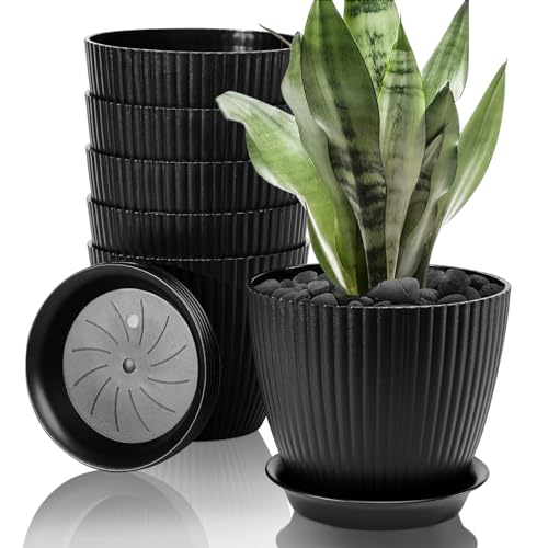 FORAGIFT 15cm Blumentopf für Indoor, 6er-Set gestreifte Rillen-Pflanztöpfe aus Kunststoff mit Abflusslöchern und Untersetzer, Übertopf für alle Zimmerpflanzen, Schwarz von FORAGIFT