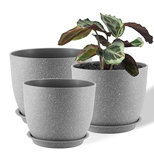 FORAGIFT 25/23/20cm Blumentopf für Indoor, 3er-Set Moderne Dekorative Kunststoff-Pflanzgefäß Übertopf mit Abflusslöchern und Untersetzer für Zimmerpflanzen, Grau von FORAGIFT