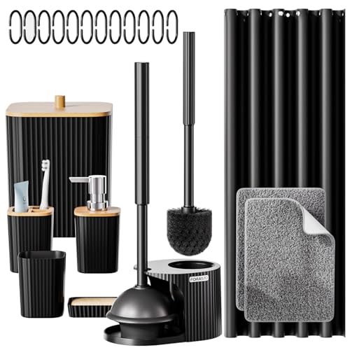 FORASTO Badezimmer-Zubehör-Set - 21-teiliges Badezimmer-Set mit Duschvorhang und Teppichen, 2-in-1-WC-Bürste und Kolben-Set, Mülleimer, Seifenspender, stilvolle und funktionale Baddekoration für von FORASTO