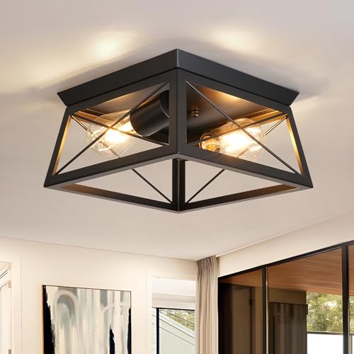 FORCOSO Deckenlampe Schwarz 2-flammig - E27 Modern Industrial LED Deckenleuchte Quadrat Metall Vintage Deckenleuchte für Wohnzimmer Schlafzimmer Küche Flur Eingang - Keine Glühbirne von FORCOSO