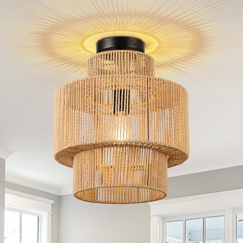 FORCOSO Deckenleuchte Rattan, Boho Deckenlampe mit 3 Lagen Natürlicher Rattan Lampenschirm, E27 Vintage Kronleuchter, Rustikal Braun Boho Lampe Decke Für Wohnzimmer Schlafzimmer Esszimmer Küche Flur von FORCOSO