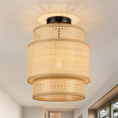 FORCOSO Deckenleuchte Rattan, Boho Deckenlampe mit 3 Lagen Natürlicher Rattan Lampenschirm, E27 Vintage Kronleuchter, Rustikal Braun Boho Lampe Decke Für Wohnzimmer Schlafzimmer Flur Esszimmer Küche von FORCOSO
