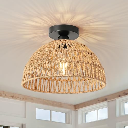 FORCOSO Deckenleuchte Rattan, Boho Lampe Decke mit Natürlicher Rattan Lampenschirm, E27 Vintage Deckenlampe, Rustikal Braun Kronleuchter Für Wohnzimmer Schlafzimmer Esszimmer Küche Flur von FORCOSO