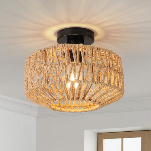 FORCOSO Deckenleuchte Rattan, Boho Lampe Decke mit Natürlicher Rattan Lampenschirm, E27 Vintage Kronleuchter, Rustikal Braun Deckenlampe Für Wohnzimmer Schlafzimmer Esszimmer Küche Flur von FORCOSO