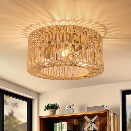 FORCOSO Deckenleuchte Rattan 3 Flammig, E27 Messing Deckenlampe Boho Lampe Decke mit Natürlicher Rattan Lampenschirm, Rustikal Vintage Kronleuchter Für Wohnzimmer Schlafzimmer Esszimmer Küche Flur von FORCOSO