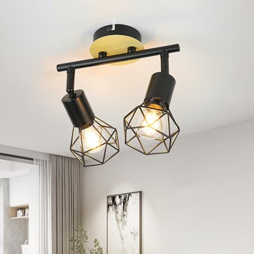 FORCOSO Deckenstrahler Schwarz 2 Flammig - Verstellbare Vintage Deckenleuchte Holz E14 Industriell Wandleuchte Innen LED Deckenlampe für Wohnzimmer Schlafzimmer Küche Flur - Ohne Leuchtmittel von FORCOSO