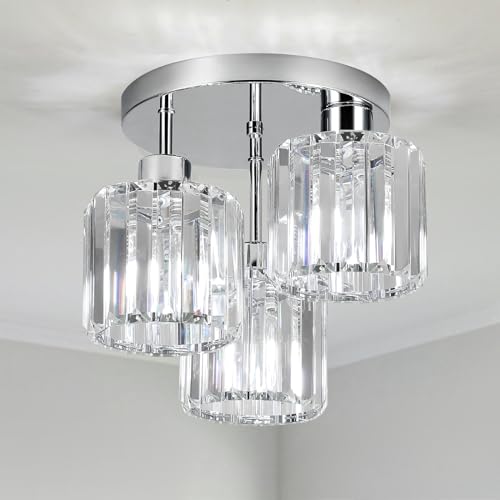 FORCOSO Kristall Deckenleuchte 3 Flammig, Kronleuchter Chrom mit Metall Rahmen Lampenschirm, Sockel E27 Deckenlampe, Moderne Ceiling Light Lampe für Schlafzimmer Wohnzimmer Flur Küche Esszimmer von FORCOSO