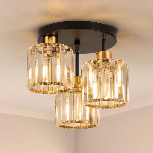 FORCOSO Kristall Deckenleuchte 3 Flammig, Kronleuchter Schwarz Gold mit Metall Rahmen Lampenschirm, E27 Deckenlampe, Moderne Ceiling Light Lampe für Schlafzimmer Wohnzimmer Flur Küche Esszimmer von FORCOSO