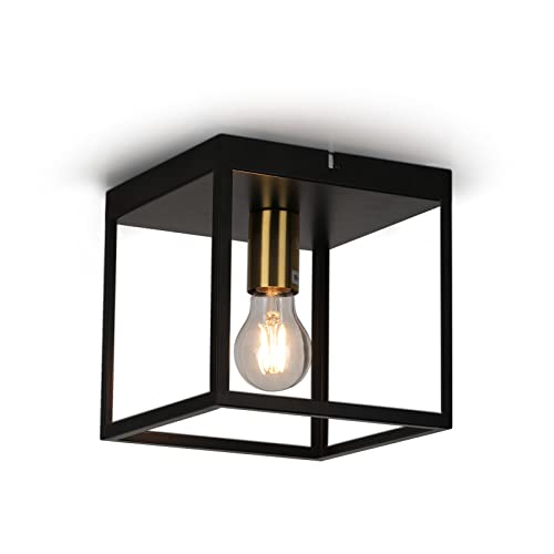 FORCOSO LED Deckenlampe 1-flammig, Quadratisch Deckenleuchte E27 Vintage mit Käfig, Lampe Decke aus Metall für Schlafzimmer Wohnzimmer Küche Flur Treppenhaus max. 60W, Schwarz/Gold - Ohne Glühbirne von FORCOSO