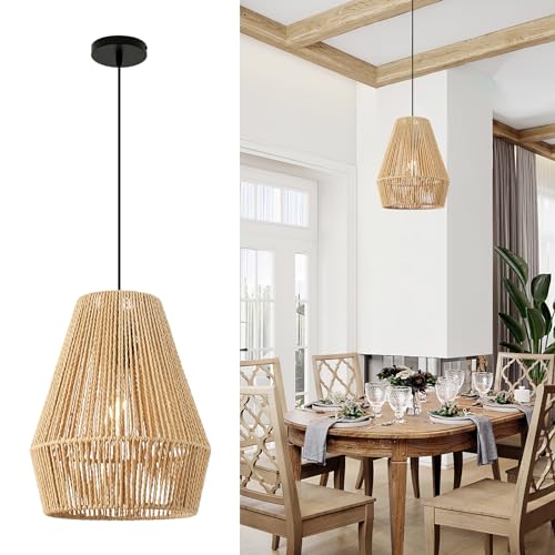 FORCOSO Pendelleuchte Esstisch, Vintage Hängeleuchte Rattan, E27 Boho Lampe Esszimmerlampe Rattan Hängelampe, Rustikal Hängend Deckenleuchte Esstischlampe für Esszimmer Küche Schlafzimmer Wohnzimmer von FORCOSO