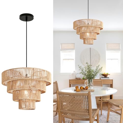 FORCOSO Rattan Lampe - Pendelleuchte Esstisch E27 Hängelampe Boho Style Ø40cm Vintage Rattan Geflecht Deckenlampe für Wohnzimmer Schlafzimmer Küche von FORCOSO