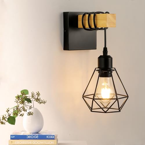 FORCOSO Wandleuchte Innen, Vintage Wandlampe Holz und Metall, E27 Wandbeleuchtung Schwarz Braun Wand Wand, Retro Industrial Wall Light Fixtures Indoor Wohnzimmer Schlafzimmer Flur Treppenhaus von FORCOSO