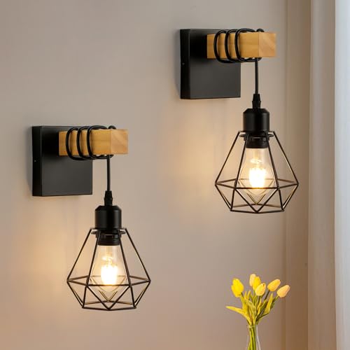 FORCOSO Wandleuchte Innen 2er, Vintage Wandlampe Holz und Metall, E27 Wandbeleuchtung Schwarz Braun Wand Lampe, Retro Industrial Wall Light Fixtures Indoor Wohnzimmer Schlafzimmer Flur Treppenhaus von FORCOSO