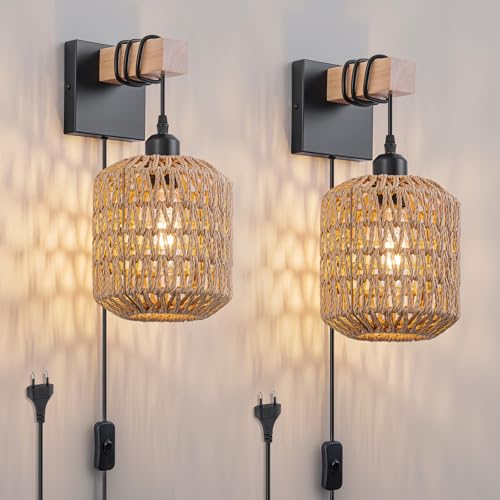 FORCOSO Wandleuchte Innen mit Schalter 2er, Vintage Rattan Wandlampe mit Stecker Kabel, E27 Boho Wand Lampe Holz Braun Schwarz, Rustikal Wandbeleuchtung Wall Light Indoor Wohnzimmer Schlafzimmer Flur von FORCOSO