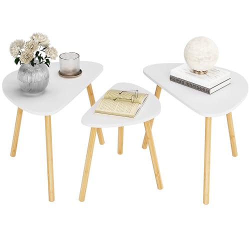 FOREHILL Beistelltisch 3er Set Satztisch, Kleiner Tisch für Wohnzimmer, Couchtische Holz, Sofatisch, Wohnzimmertisch für Garten Schlafzimmer Balkon weiß von FOREHILL