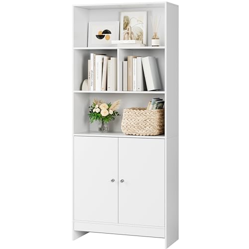 FOREHILL Bücherregal weiß, Bücherschrank mit 2 Türen, Vitrinenschrank, Wohnzimmerschrank, Küchenschrank aus Holz, Hochschrank für Arbeitszimmer, Küche, Wohnzimmer, Büro 167x70x29,5cm von FOREHILL