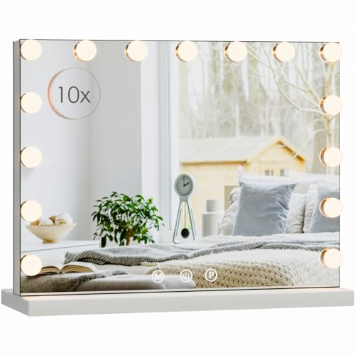 FOREHILL Hollywood Spiegel mit Beleuchtung 15 dimmbare LEDs Schminkspiegel mit 3 Farbtemperaturen und Touch-Steuerung Makeup-Spiegel mit Memory-Funktion Kosmetikspiegel 10x-Lupe 58x46x12 cm von FOREHILL