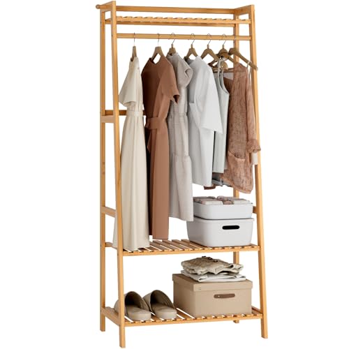 FOREHILL Kleiderständer mit Ablagen Garderobenständer Bambus Kleiderstange mit Anti-Kipp-Vorrichtung für Kleidung Schuhregal Taschen 164x70x42cm von FOREHILL