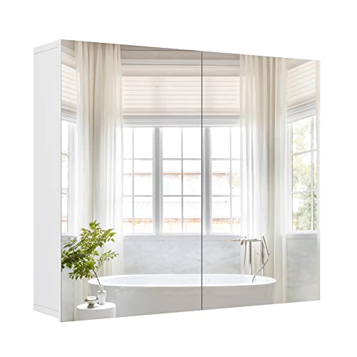 FOREHILL Spiegelschrank Bad, 2-türiger Badezimmerschrank mit Spiegel 70x15x60cm, mit Verstellbaren Ablagen, für Badezimmer, weiß von FOREHILL