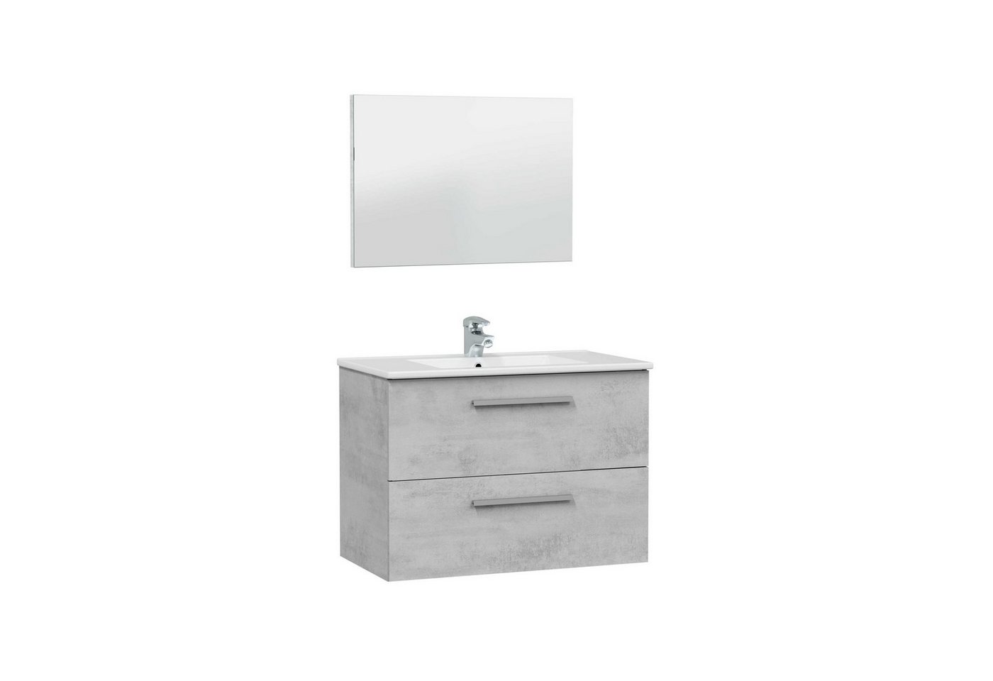 FORES HABITAT Badezimmer-Set in Beton-Grau - 80x57x45 (BxHxT), (Waschtischunterschrank inklusive Waschbecken und Spiegel) von FORES HABITAT