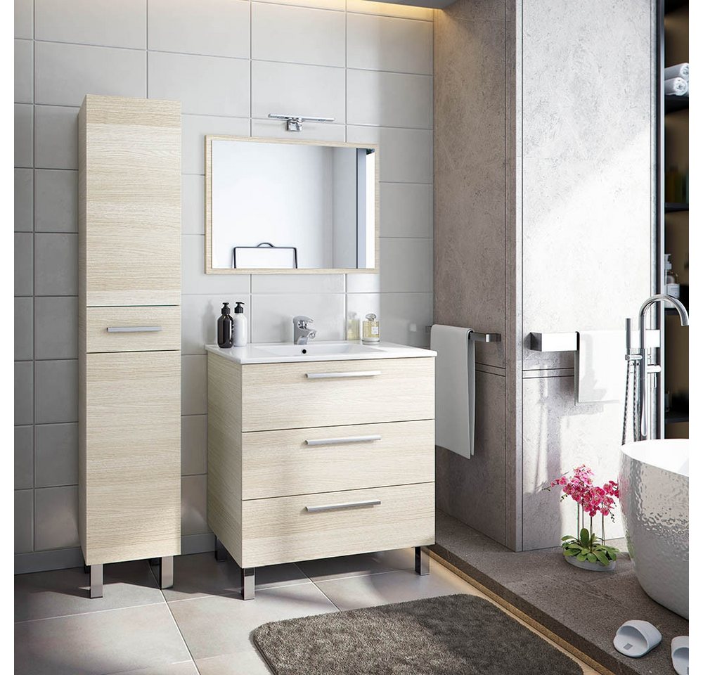 FORES HABITAT Badezimmer-Set in Eiche - 80x86x45 (BxHxT), (Waschtischunterschrank inklusive Waschbecken, Spiegel und Hochschrank) von FORES HABITAT