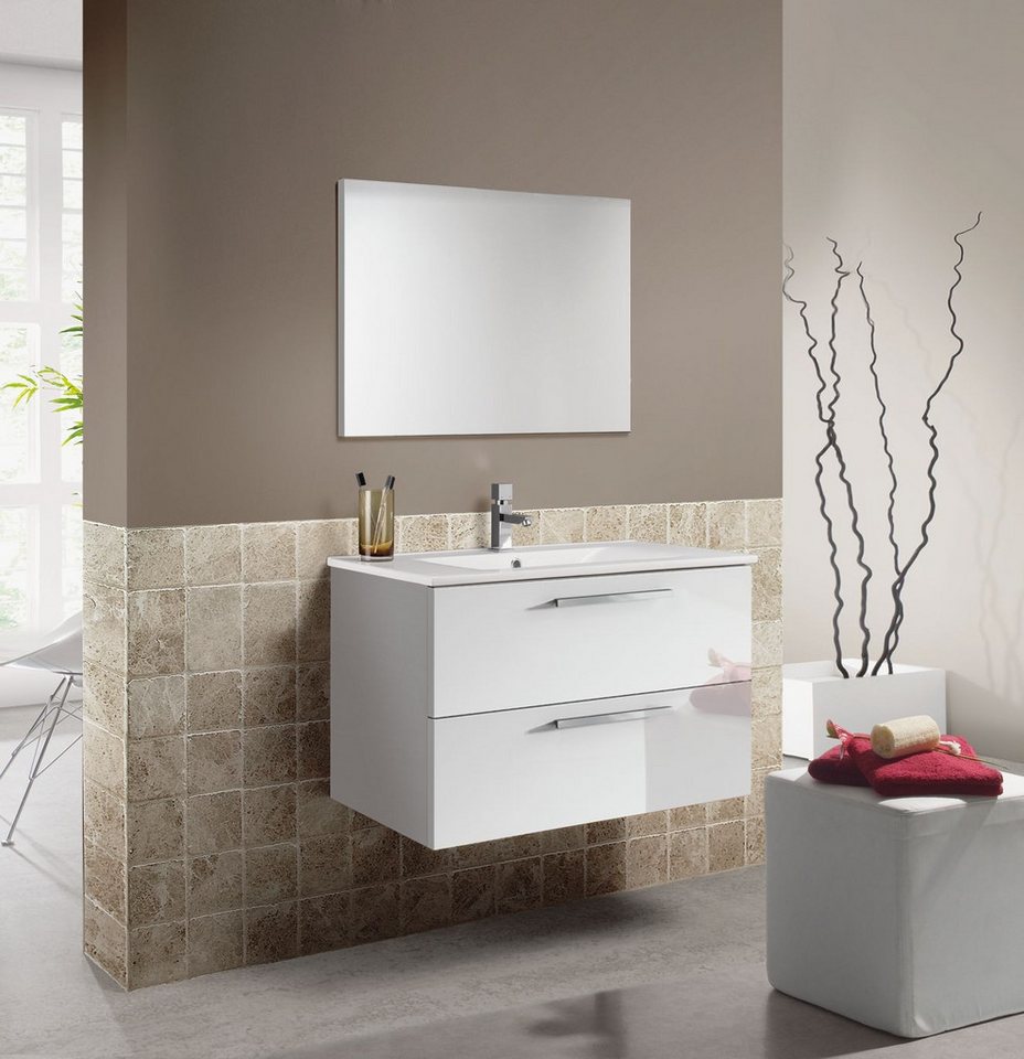 FORES HABITAT Badezimmer-Set in weiß glänzend/Weiß lackiert - 80x57x45 (BxHxT), (Waschtischunterschrank inklusive Waschbecken und Spiegel) von FORES HABITAT