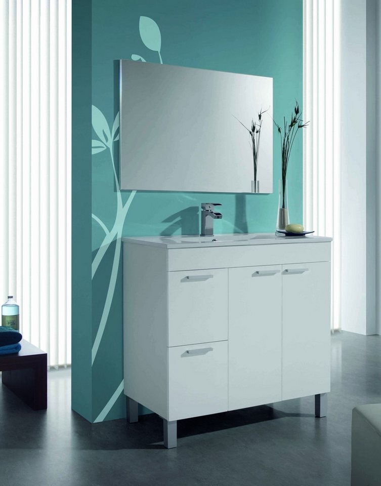 FORES HABITAT Badezimmer-Set in weiß glänzend - 80x80x45 (BxHxT), (Waschtischunterschrank inklusive Waschbecken und Spiegel) von FORES HABITAT