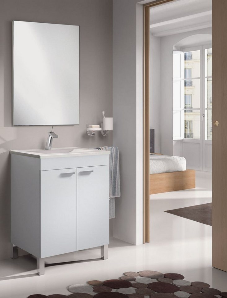 FORES HABITAT Badezimmer-Set in weiß glänzend - 60x80x45 (BxHxT), (Waschtischunterschrank inklusive Waschbecken und Spiegel) von FORES HABITAT