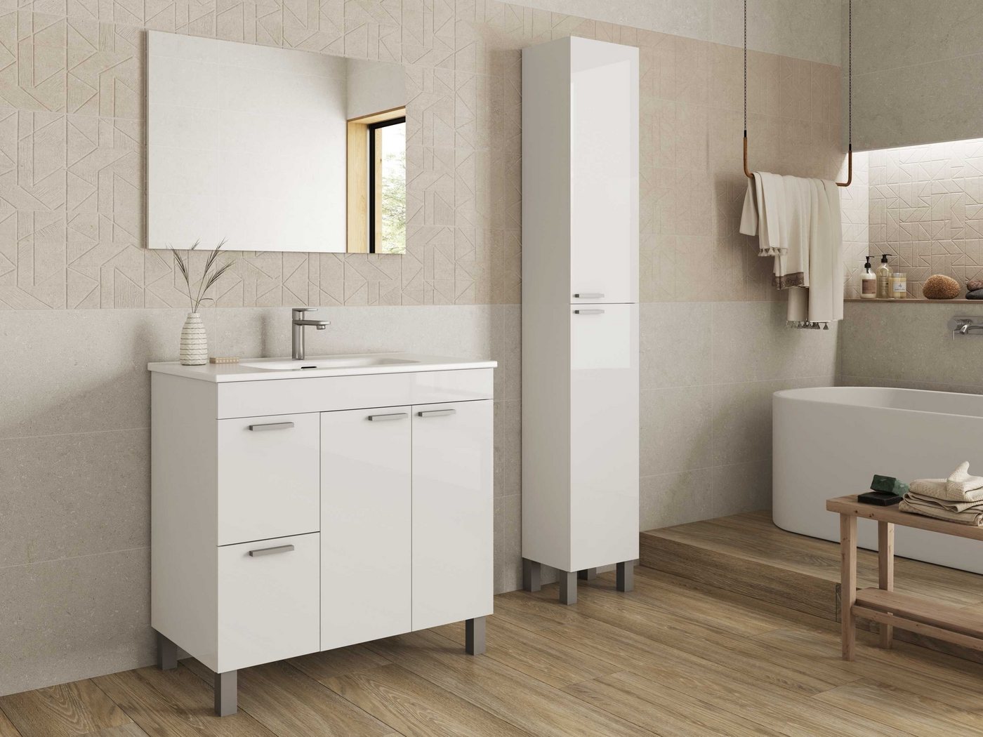 FORES HABITAT Badezimmer-Set in weiß glänzend - 80x80x45 (BxHxT), (Waschtischunterschrank inklusive Waschbecken, Spiegel und Hochschrank) von FORES HABITAT