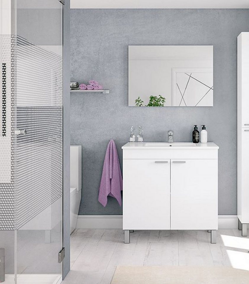 FORES HABITAT Badezimmer-Set in weiß glänzend - 80x80x45 (BxHxT), (Waschtischunterschrank inklusive Waschbecken und Spiegel) von FORES HABITAT