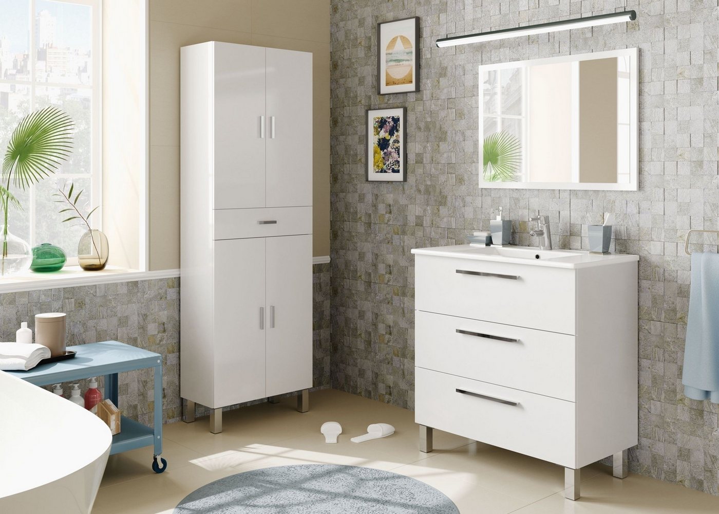 FORES HABITAT Badezimmer-Set in weiß glänzend - 80x86x45 (BxHxT), (Waschtischunterschrank inklusive Waschbecken, Spiegel und Hochschrank) von FORES HABITAT