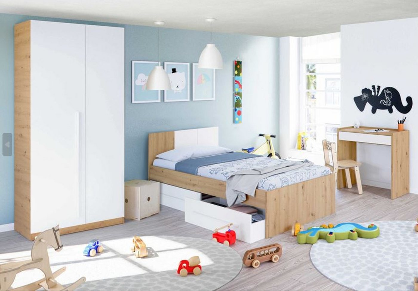 FORES HABITAT Jugendzimmer-Set in Nodi-Eiche/Artik-Weiß - 196x77x92 (BxHxT), (Jugendbettkasten mit Kopfteil + Kleiderschrank + Kinderschreibtisch) von FORES HABITAT