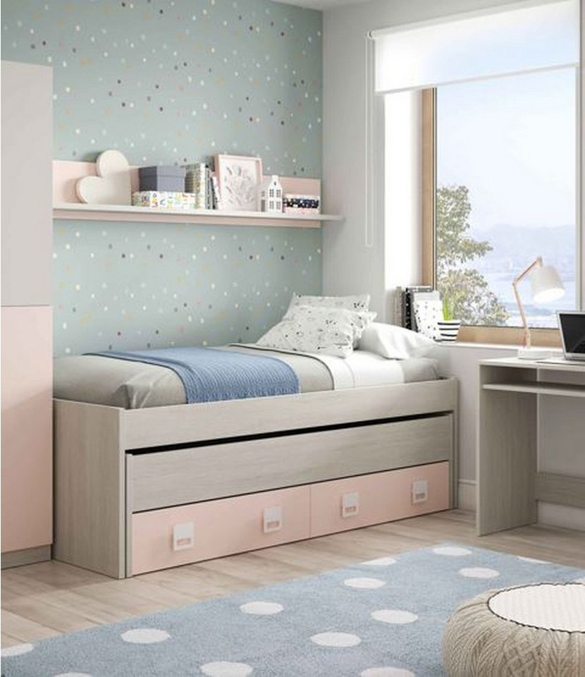 FORES HABITAT Kinderbett in Alpen-Weiß / Grau / Rosa - 199x65x96 (BxHxT) (Kojenbett mit Ausziehbett, 2 große Schubladen und Wandregal) von FORES HABITAT