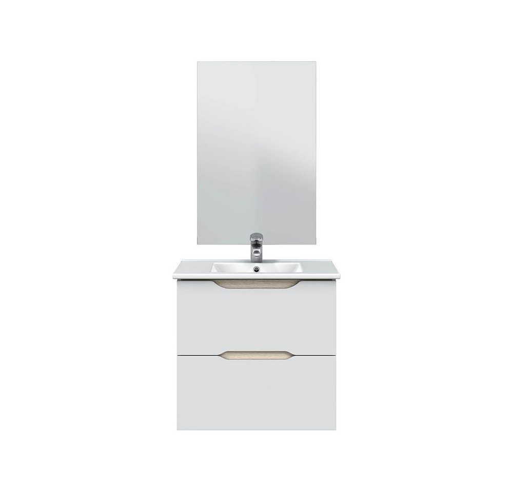 FORES HABITAT Waschbeckenunterschrank (2-teilig) mit Spiegel, Weiß glänzend / Eiche Dekor - 60x57x45 (BxHxT) (WC oder Toiletten-Umbauschrank sind nicht mit inbegriffen) von FORES HABITAT