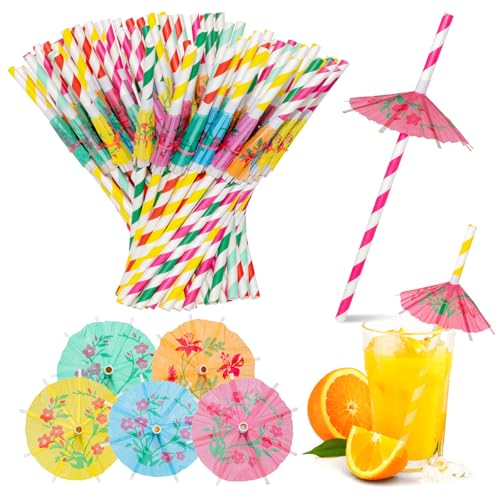 100 Stück Cocktail Regenschirm Strohhalm,Papierschirm Strohhalme Bunte Trinkhalme Party,Trinkhalme mit Deko Schirm für Smoothies,Saft,Cocktail,Heißgetränk von FORETOGO
