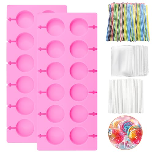 2 Stück Silikon Lollipop Formen,12 Rund Hohlräume Schokoladenlutscher Formen mit 100 Lutscherstäben und 100 Bändern und 100 Tüten,Cake Pop Silikonform für Gelee-Schokoladenlutscher von FORETOGO
