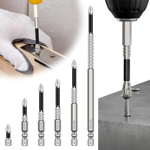 6 Stück Hochmagnetisches Schraubendreher Bohrer Set,Rutschfester Starker Magnet Schraubendreher Bits Präzision Hohe Härte Schrauberbits Set 25 50 65 70 90 150mm von FORETOGO