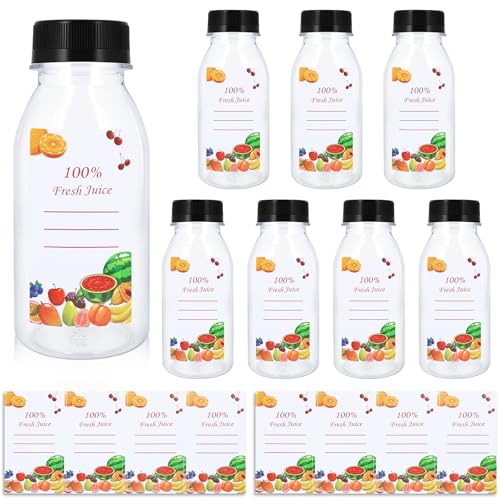 8 Stück 200ml Shot Flaschen zum Befüllen,Wiederverwendbar Leere Plastikflaschen mit Schwarzer Deckel und 8 Aufklebern,Transparent Saftflaschen zum Befüllen für Kühlschränke,Entsafter,Saftpressen von FORETOGO
