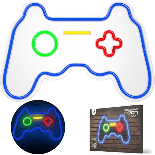 FOREVER Neon LED Gamepad mehrfarbige, LED-Wandlampe für Jungenzimmer, Spielzimmer, Geschenk für Gamer, bunte Deko-Lampe, USB oder AAA-Stromversorgung mit Wandlampe mit Dimmer, blau,rotgrün, gelb von FOREVER